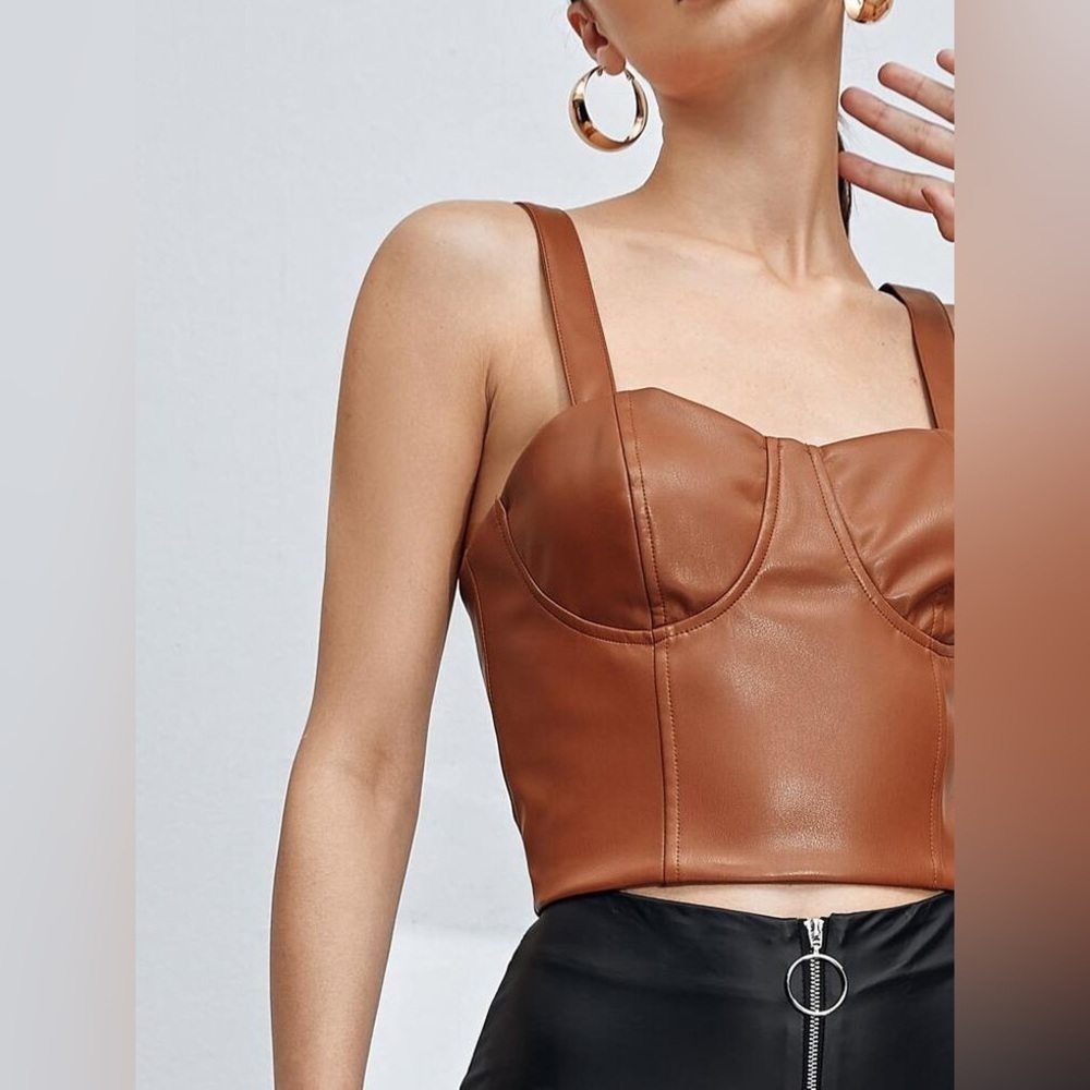 Shinestar size M, Brown faux Leather Tank Top, zipper back, built in cups